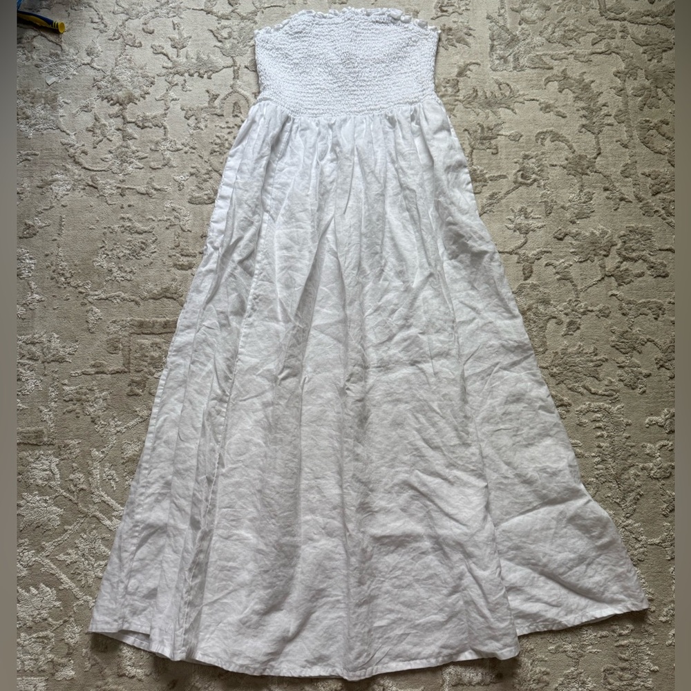 Boden White Smocked Strapless Maxi Linen Dress Size 12 Graduation Coastal Resort